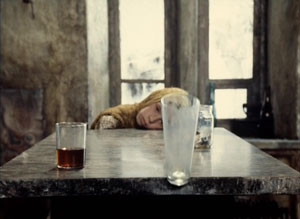 The last shot of the film: Monkey moves the glasses with her mind.