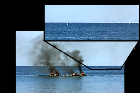 Small craft off the 'uncharted island'.